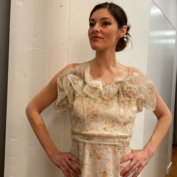 Vintage 1970 Bridesmaid Ruffle chiffon dress Gown - Picture 2 of 12